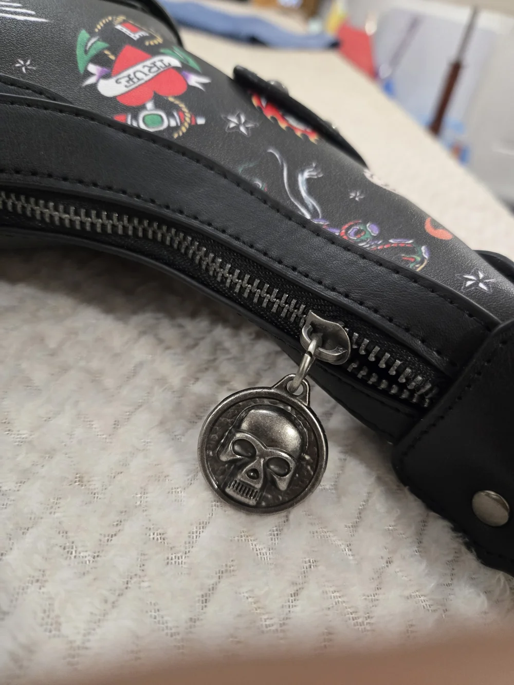 NWT Ed Hardy Black Tattoo Print Studded Hobo Shoulder Bag Vegan Leather Y2K